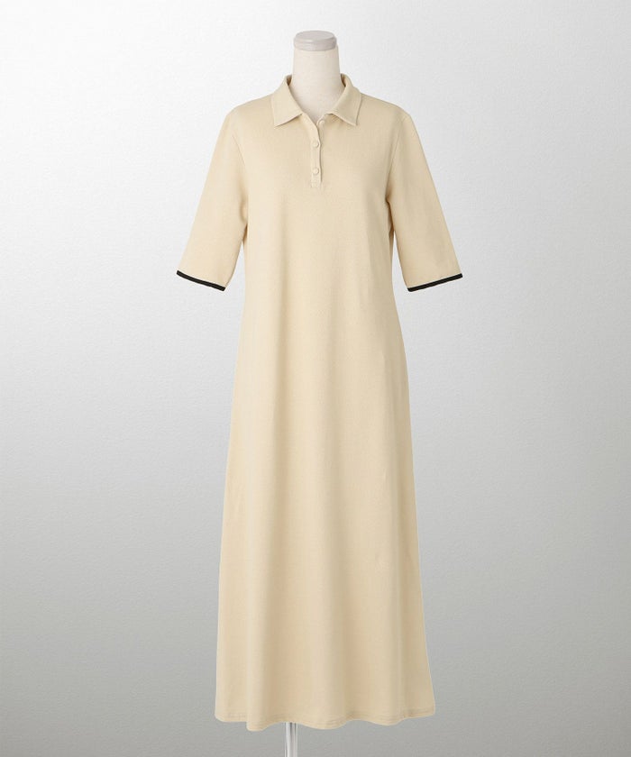 レディース ロングワンピース ポロ 夏 薄手 オフィス きれいめ  バイカラー/ベージュ/ブラック/M/ポロネック/5分丈