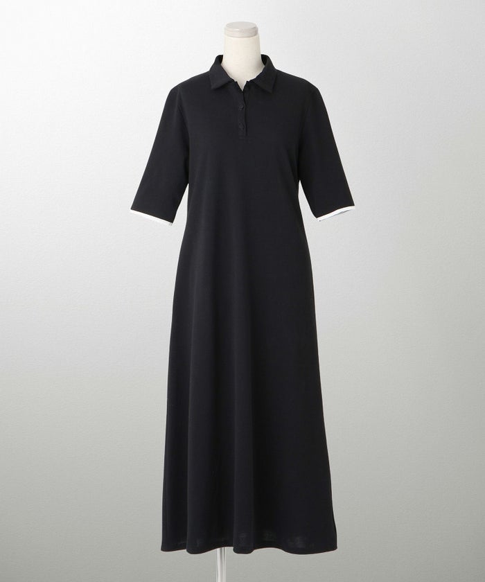 レディース ロングワンピース ポロ 夏 薄手 オフィス きれいめ  バイカラー/ベージュ/ブラック/M/ポロネック/5分丈