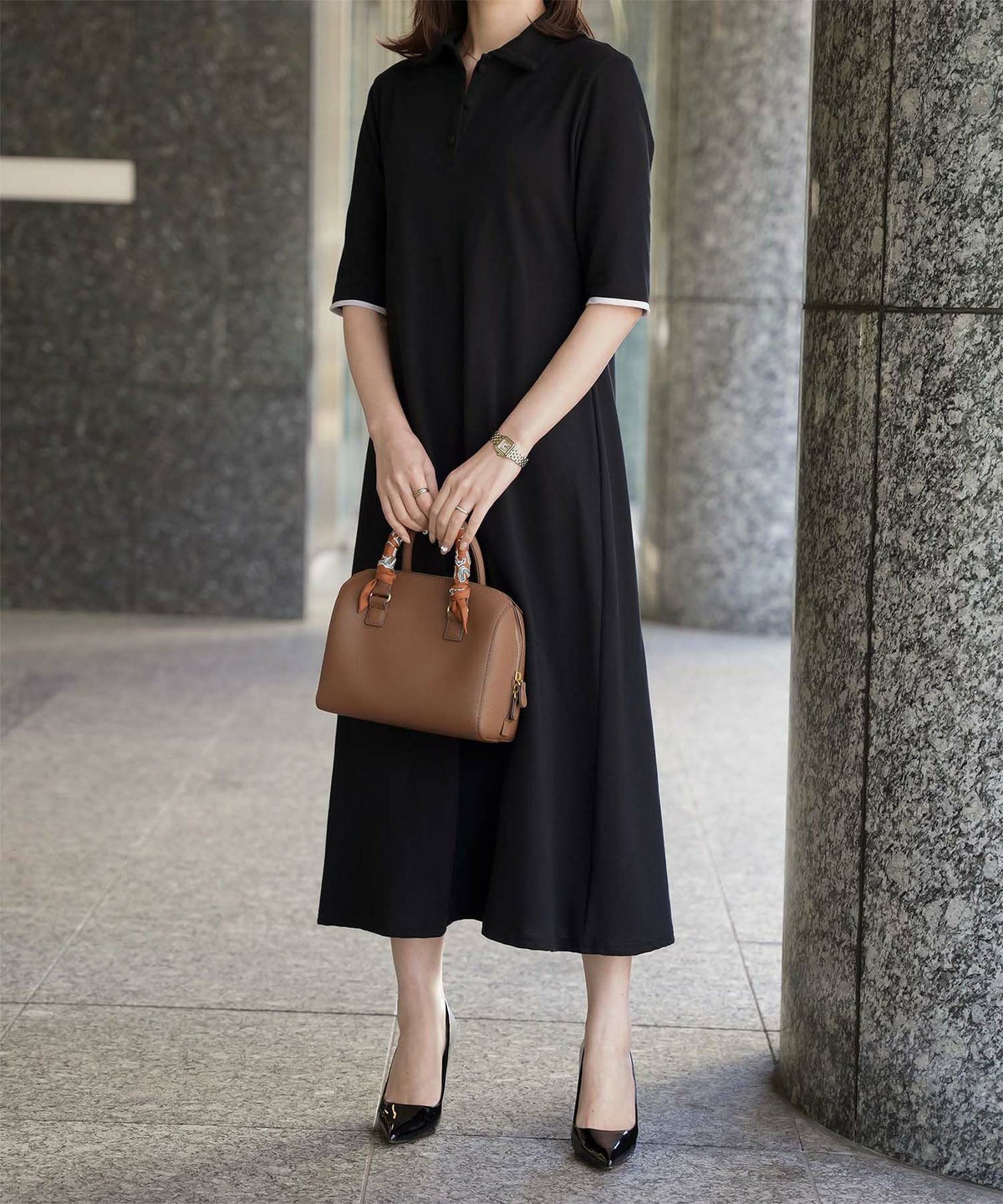 レディース ロングワンピース ポロ 夏 薄手 オフィス きれいめ  バイカラー/ベージュ/ブラック/M/ポロネック/5分丈