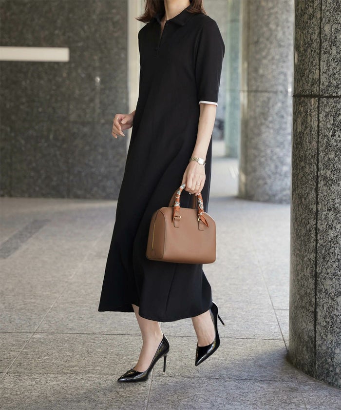 レディース ロングワンピース ポロ 夏 薄手 オフィス きれいめ  バイカラー/ベージュ/ブラック/M/ポロネック/5分丈