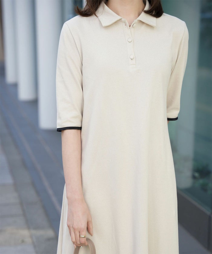 レディース ロングワンピース ポロ 夏 薄手 オフィス きれいめ  バイカラー/ベージュ/ブラック/M/ポロネック/5分丈