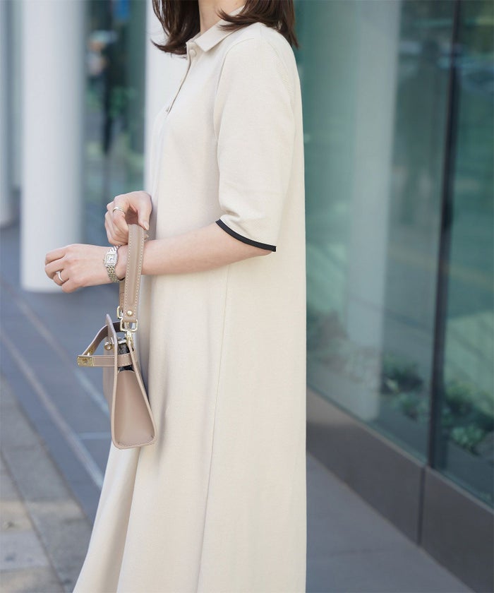 レディース ロングワンピース ポロ 夏 薄手 オフィス きれいめ  バイカラー/ベージュ/ブラック/M/ポロネック/5分丈