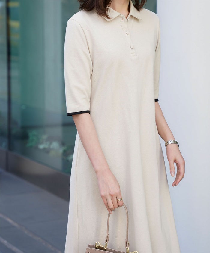 レディース ロングワンピース ポロ 夏 薄手 オフィス きれいめ  バイカラー/ベージュ/ブラック/M/ポロネック/5分丈