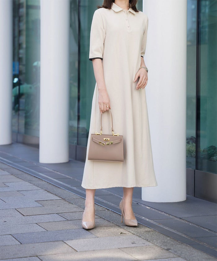 レディース ロングワンピース ポロ 夏 薄手 オフィス きれいめ  バイカラー/ベージュ/ブラック/M/ポロネック/5分丈