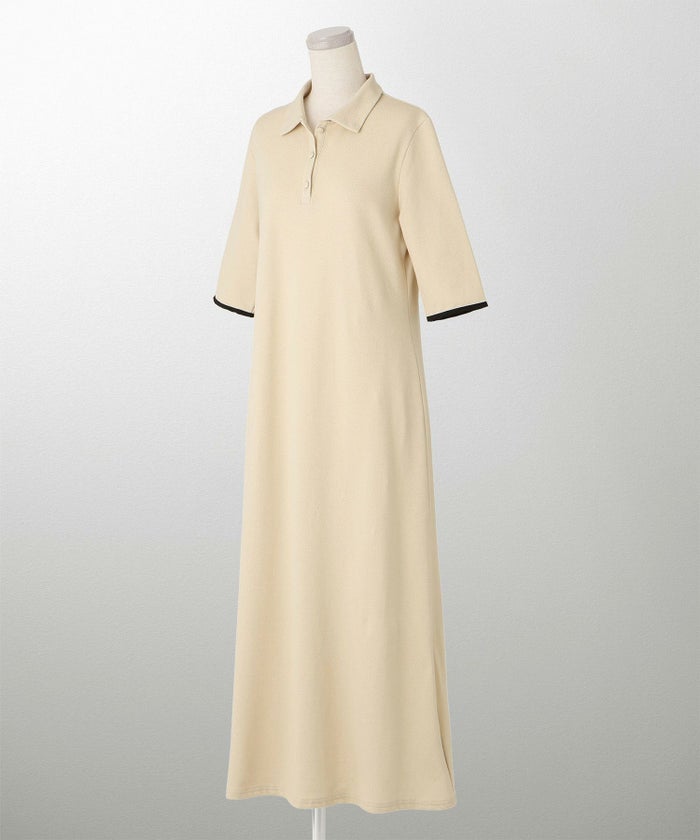 レディース ロングワンピース ポロ 夏 薄手 オフィス きれいめ  バイカラー/ベージュ/ブラック/M/ポロネック/5分丈
