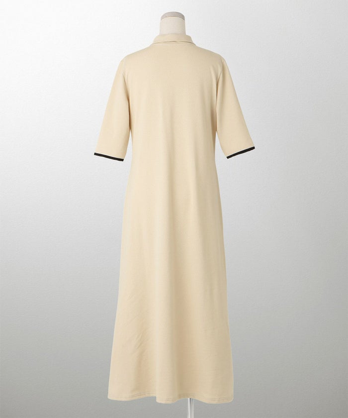 レディース ロングワンピース ポロ 夏 薄手 オフィス きれいめ  バイカラー/ベージュ/ブラック/M/ポロネック/5分丈
