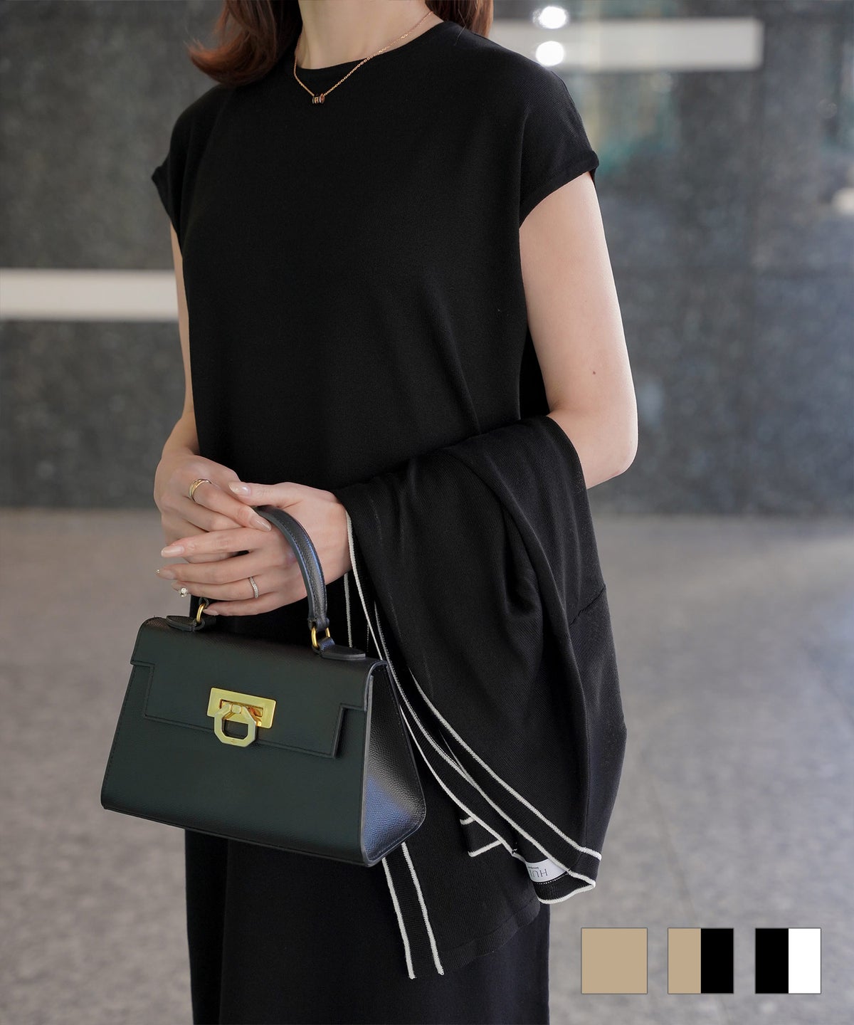 レディース 春 夏 サマーニット セットアップ 薄手 オフィス きれいめ ベージュ ベージュ×ブラック ブラック×ホワイト S M フレンチスリーブ 長袖 カーディガン セット ニット ワンピース HUIT