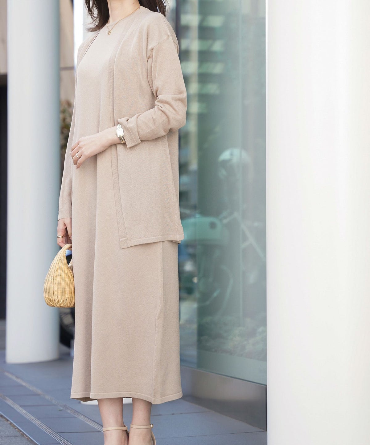 レディース 春 夏 サマーニット セットアップ 薄手 オフィス きれいめ ベージュ/ベージュ×ブラック/ブラック×ホワイト/S/M/フレンチスリーブ/長袖