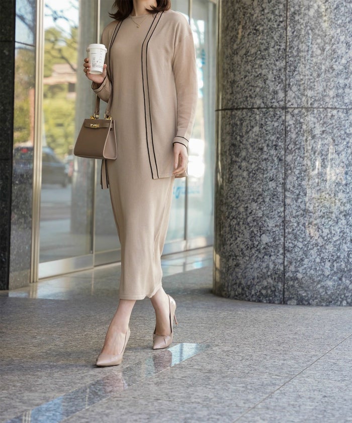 レディース 春 夏 サマーニット セットアップ 薄手 オフィス きれいめ ベージュ/ベージュ×ブラック/ブラック×ホワイト/S/M/フレンチスリーブ/長袖