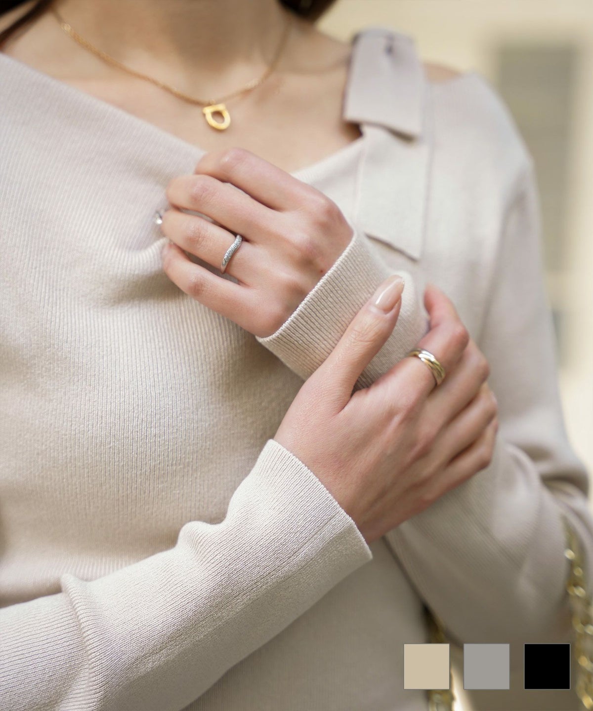 レディース 肩リボン サイドリボン オフショル ベージュ グレー ブラック M 長袖 リボン ショルダー ドレープ ニット トップス HUIT