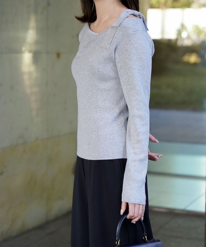 レディース 肩リボン サイドリボン オフショル ベージュ/グレー/ブラック/M/長袖