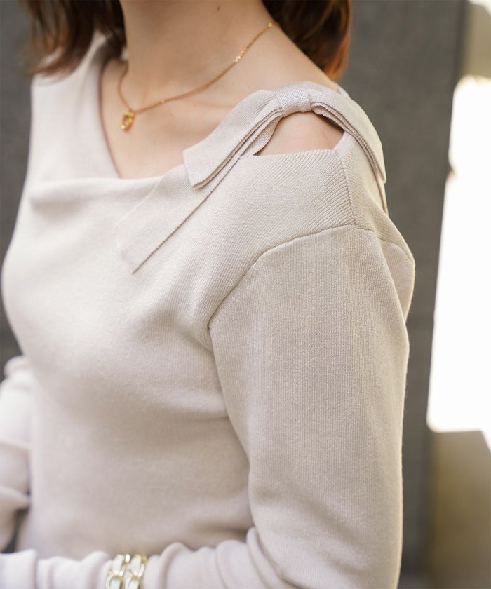 レディース 肩リボン サイドリボン オフショル ベージュ/グレー/ブラック/M/長袖