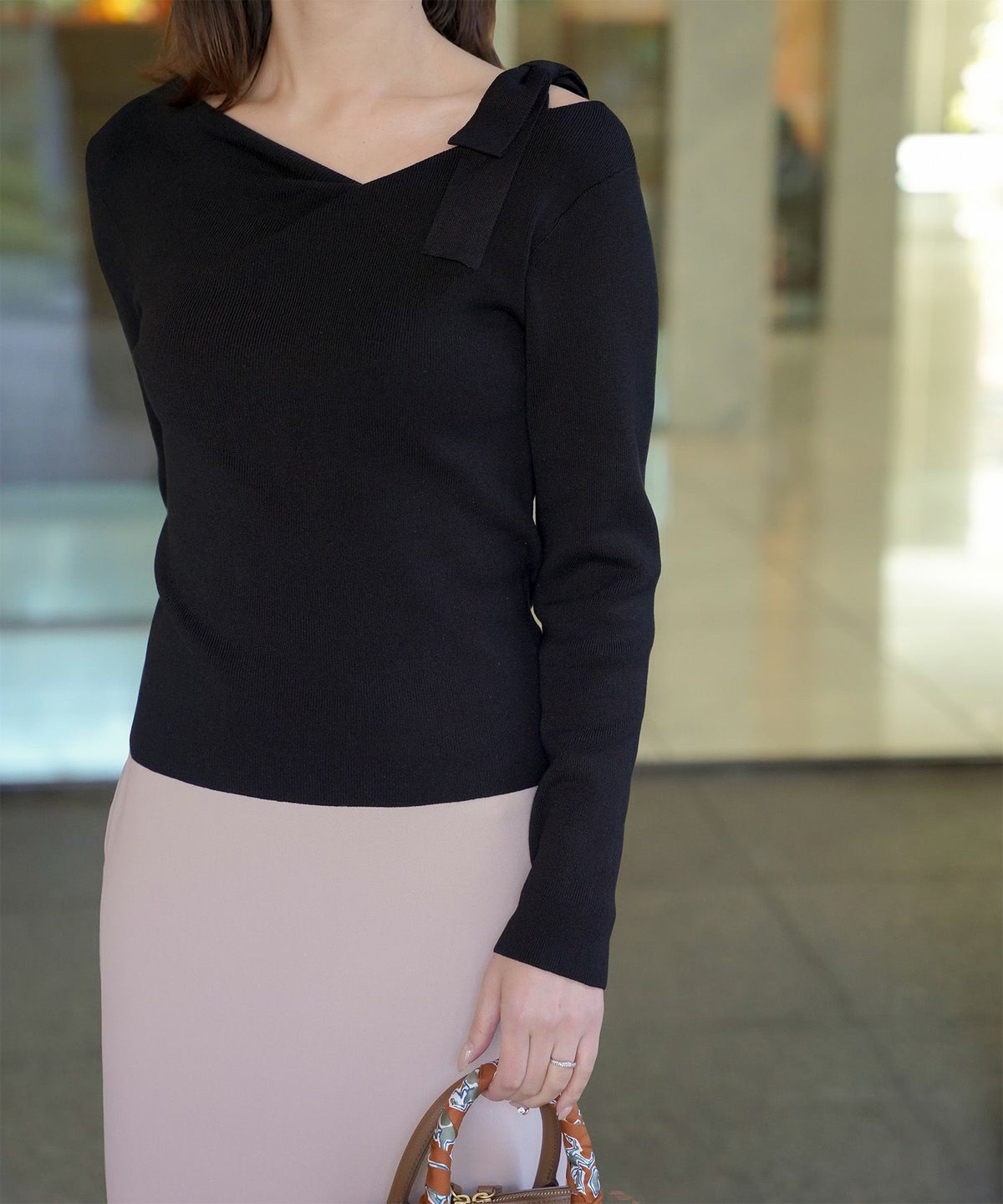 レディース 肩リボン サイドリボン オフショル ベージュ/グレー/ブラック/M/長袖