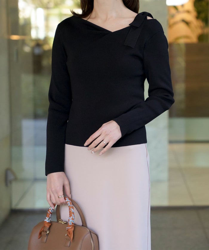 レディース 肩リボン サイドリボン オフショル ベージュ/グレー/ブラック/M/長袖