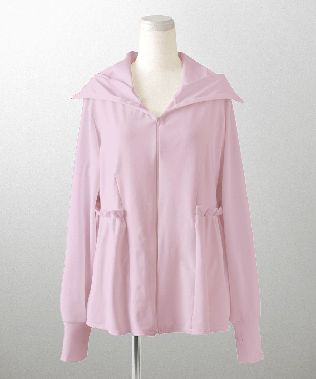 レディース春夏吸水速乾薄手オフィスレジャーパーカーピンク/ネイビー/ホワイト/ブラック/M/ハイネック/ペプラム/指穴/長袖