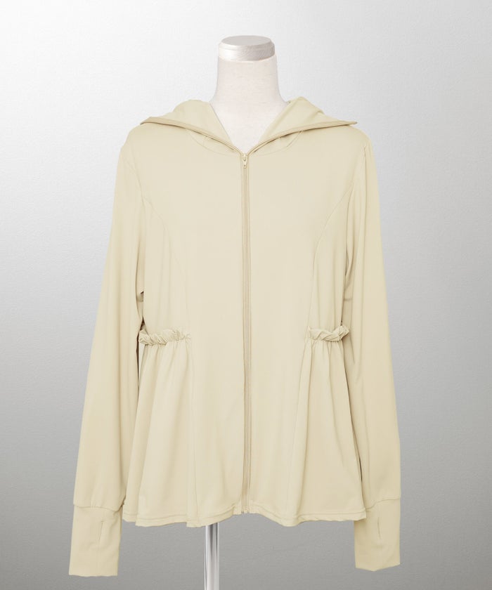 レディース春夏吸水速乾薄手オフィスレジャーパーカーピンク/ネイビー/ホワイト/ブラック/M/ハイネック/ペプラム/指穴/長袖