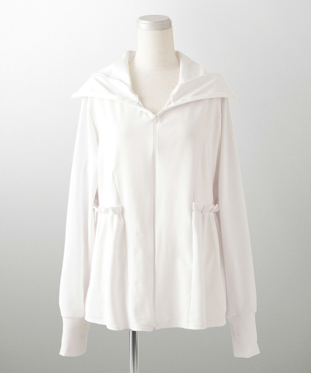 レディース春夏吸水速乾薄手オフィスレジャーパーカーピンク/ネイビー/ホワイト/ブラック/M/ハイネック/ペプラム/指穴/長袖