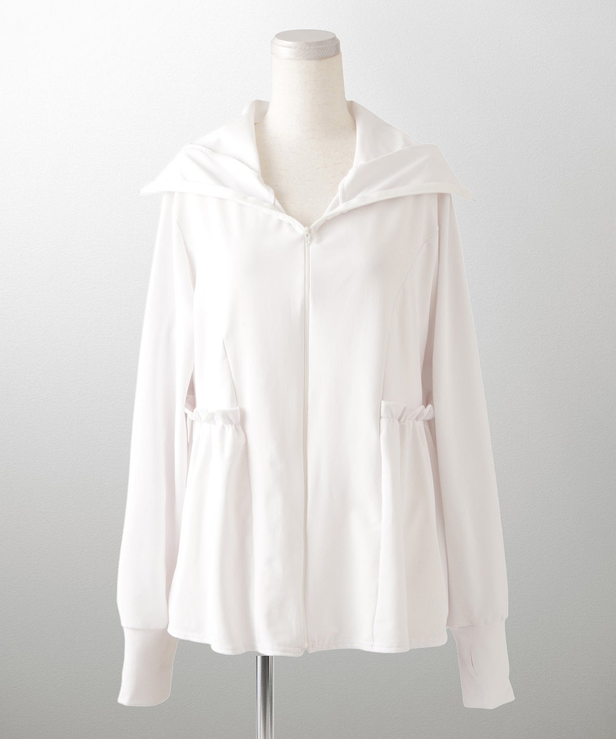 レディース春夏吸水速乾薄手オフィスレジャーパーカーピンク/ネイビー/ホワイト/ブラック/M/ハイネック/ペプラム/指穴/長袖