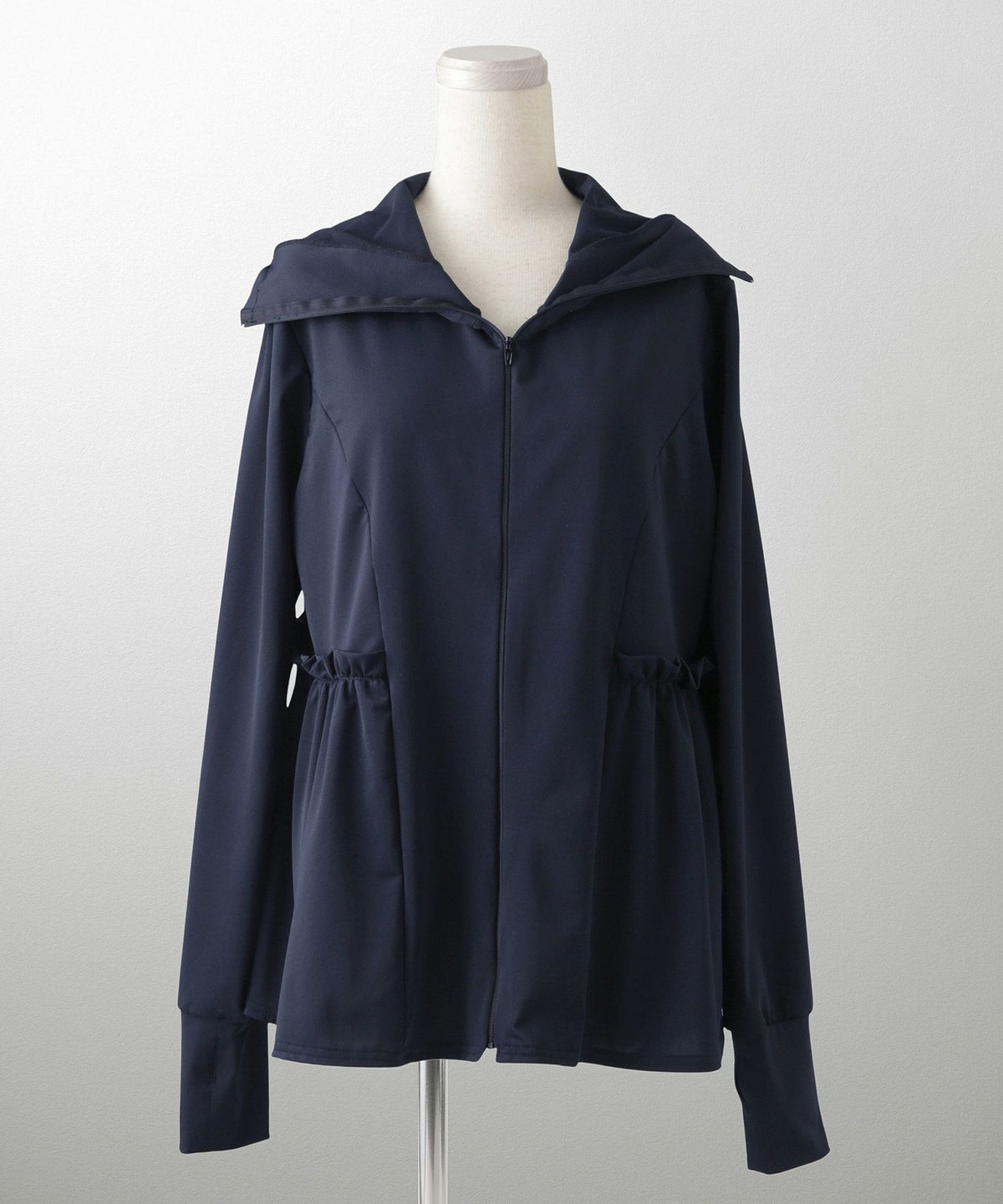 レディース春夏吸水速乾薄手オフィスレジャーパーカーピンク/ネイビー/ホワイト/ブラック/M/ハイネック/ペプラム/指穴/長袖