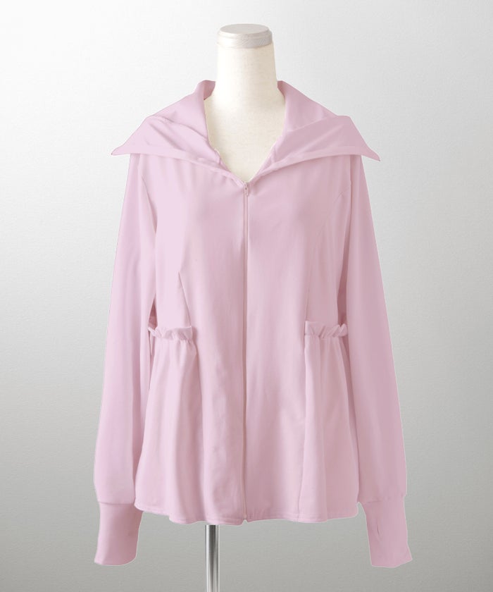 レディース春夏吸水速乾薄手オフィスレジャーパーカーピンク/ネイビー/ホワイト/ブラック/M/ハイネック/ペプラム/指穴/長袖