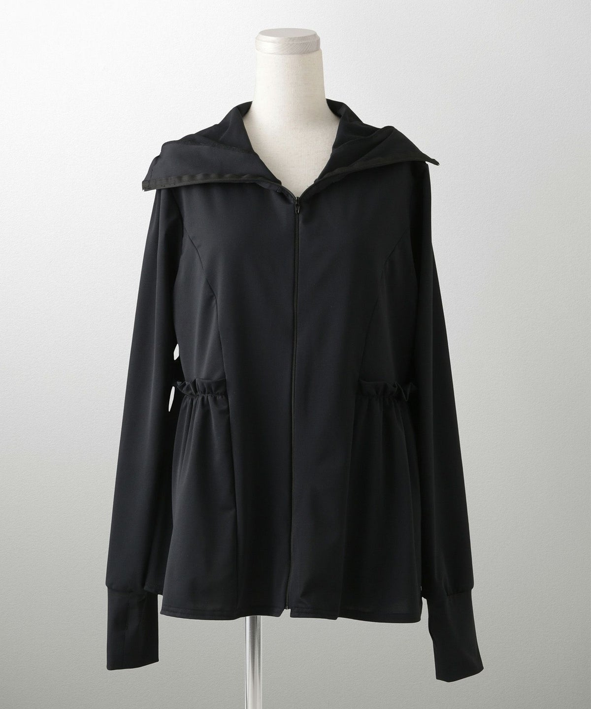 レディース春夏吸水速乾薄手オフィスレジャーパーカーピンク/ネイビー/ホワイト/ブラック/M/ハイネック/ペプラム/指穴/長袖