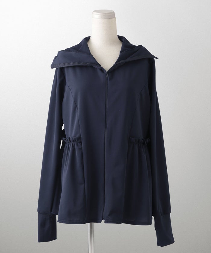 レディース春夏吸水速乾薄手オフィスレジャーパーカーピンク/ネイビー/ホワイト/ブラック/M/ハイネック/ペプラム/指穴/長袖