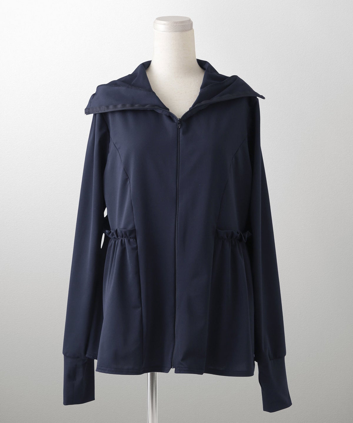 レディース春夏吸水速乾薄手オフィスレジャーパーカーピンク/ネイビー/ホワイト/ブラック/M/ハイネック/ペプラム/指穴/長袖