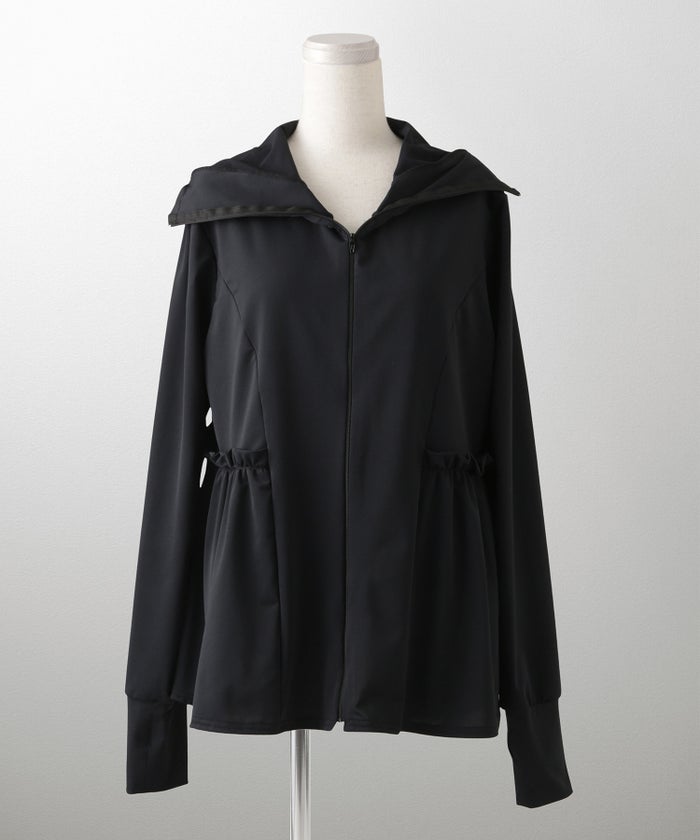 レディース春夏吸水速乾薄手オフィスレジャーパーカーピンク/ネイビー/ホワイト/ブラック/M/ハイネック/ペプラム/指穴/長袖