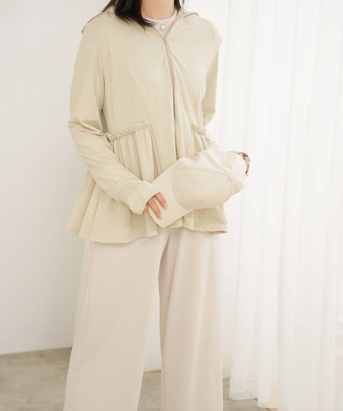 レディース春夏吸水速乾薄手オフィスレジャーパーカーピンク/ネイビー/ホワイト/ブラック/M/ハイネック/ペプラム/指穴/長袖