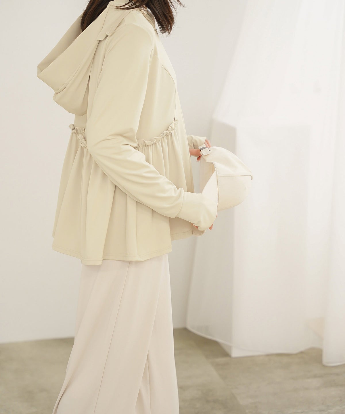 レディース春夏吸水速乾薄手オフィスレジャーパーカーピンク/ネイビー/ホワイト/ブラック/M/ハイネック/ペプラム/指穴/長袖