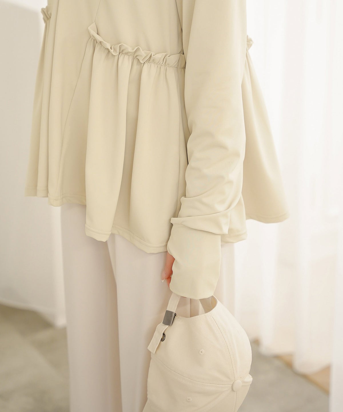 レディース春夏吸水速乾薄手オフィスレジャーパーカーピンク/ネイビー/ホワイト/ブラック/M/ハイネック/ペプラム/指穴/長袖