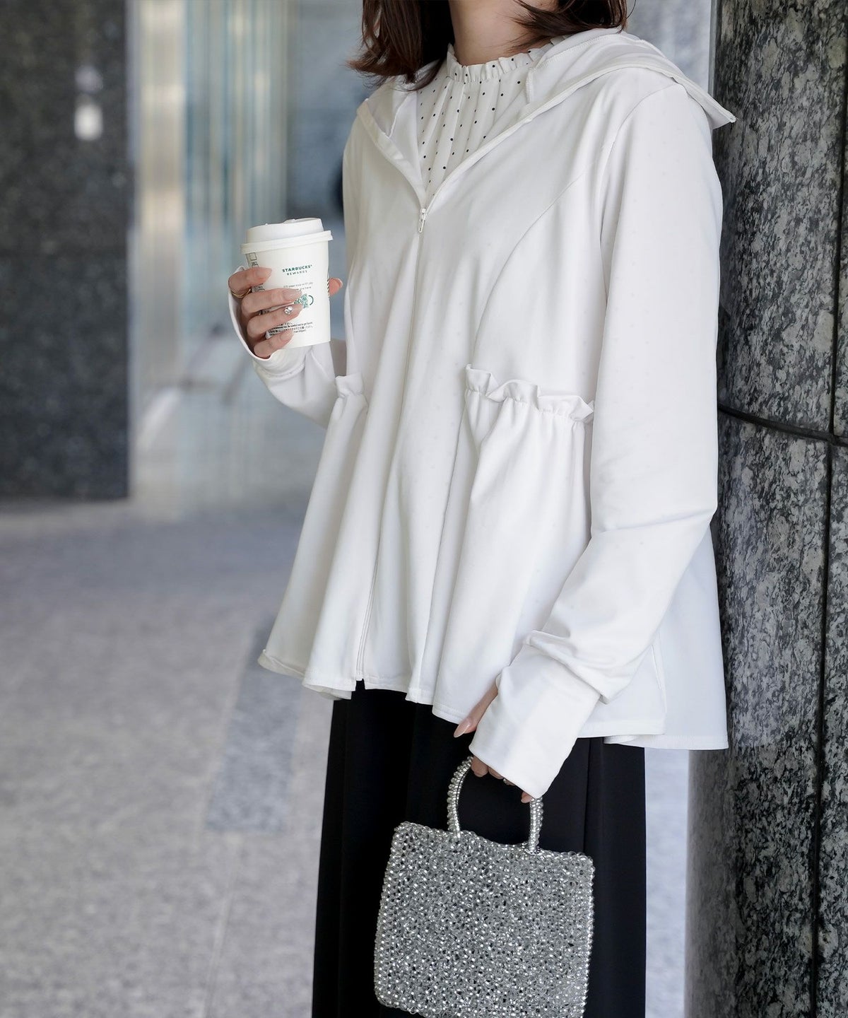 レディース春夏吸水速乾薄手オフィスレジャーパーカーピンク/ネイビー/ホワイト/ブラック/M/ハイネック/ペプラム/指穴/長袖