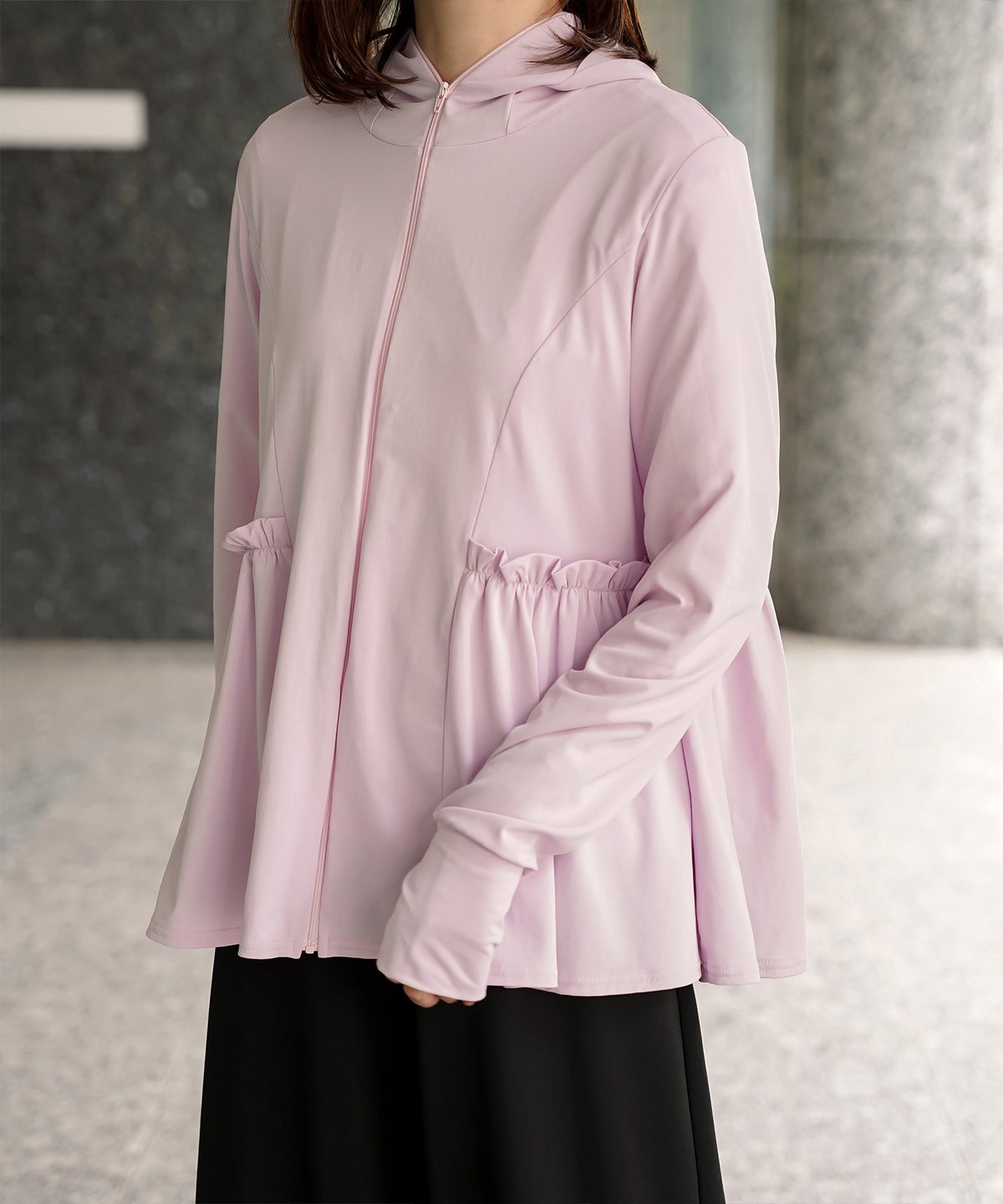 レディース春夏吸水速乾薄手オフィスレジャーパーカーピンク/ネイビー/ホワイト/ブラック/M/ハイネック/ペプラム/指穴/長袖