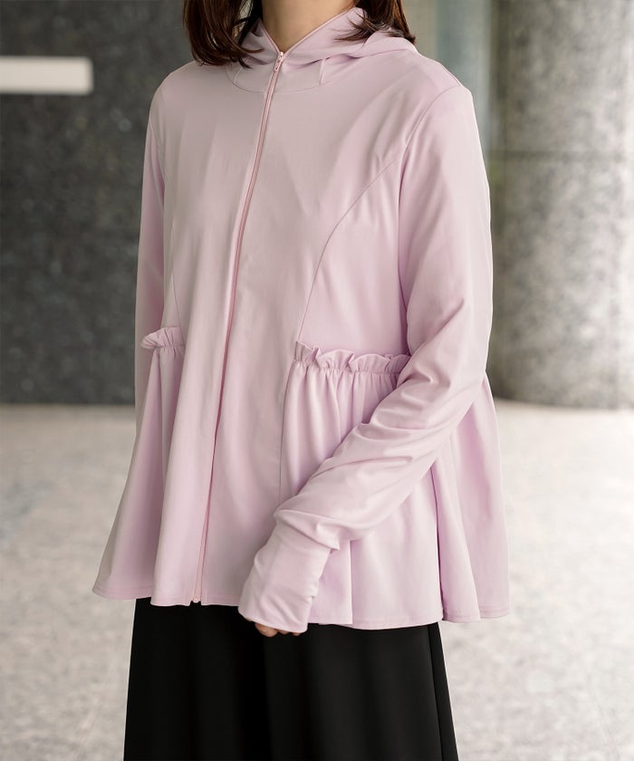 レディース春夏吸水速乾薄手オフィスレジャーパーカーピンク/ネイビー/ホワイト/ブラック/M/ハイネック/ペプラム/指穴/長袖