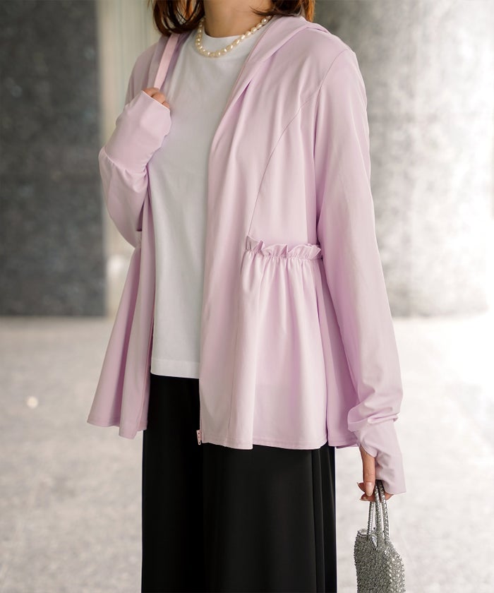 レディース春夏吸水速乾薄手オフィスレジャーパーカーピンク/ネイビー/ホワイト/ブラック/M/ハイネック/ペプラム/指穴/長袖