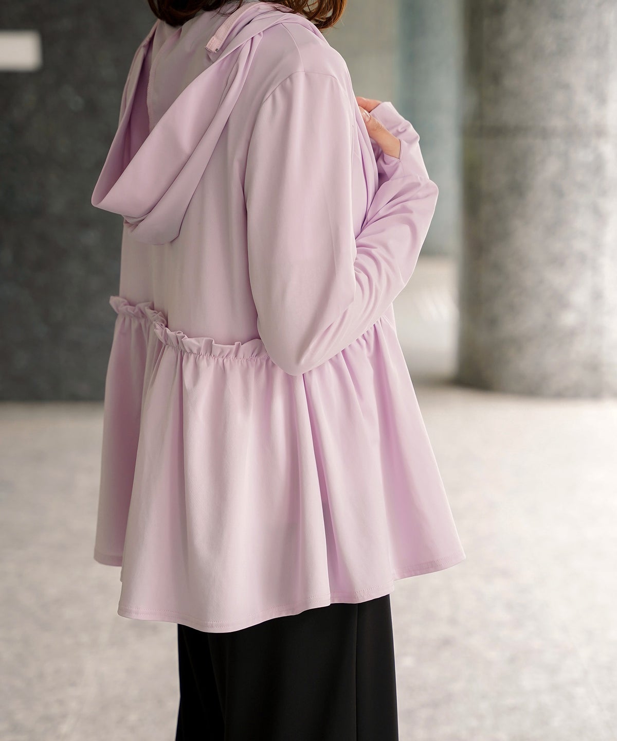 レディース春夏吸水速乾薄手オフィスレジャーパーカーピンク/ネイビー/ホワイト/ブラック/M/ハイネック/ペプラム/指穴/長袖