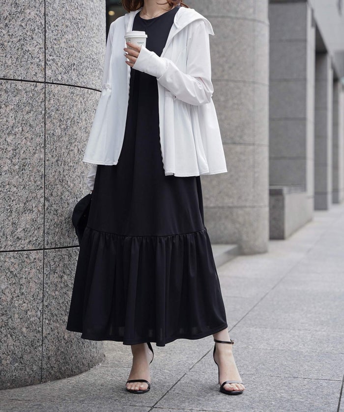 レディース春夏吸水速乾薄手オフィスレジャーパーカーピンク/ネイビー/ホワイト/ブラック/M/ハイネック/ペプラム/指穴/長袖