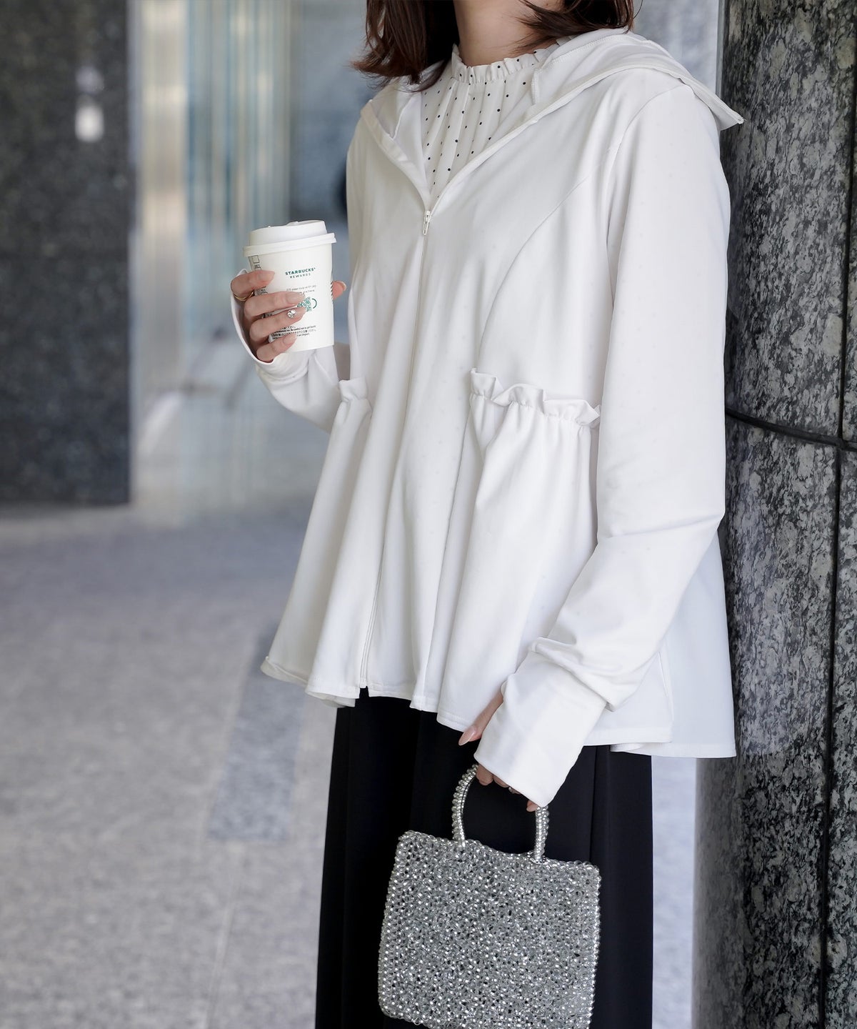 レディース春夏吸水速乾薄手オフィスレジャーパーカーピンク/ネイビー/ホワイト/ブラック/M/ハイネック/ペプラム/指穴/長袖