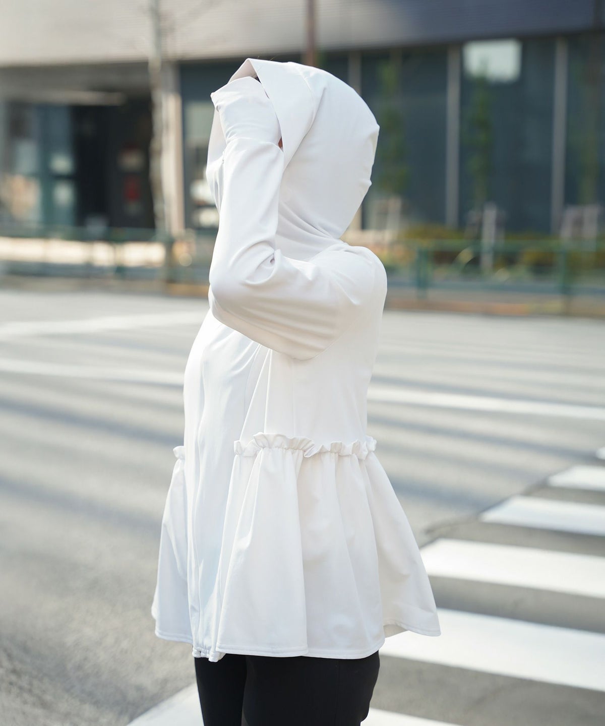 レディース 春 夏 吸水速乾 薄手 オフィス レジャー パーカー ホワイト/ブラック/M/ハイネック/ペプラム/指穴/長袖