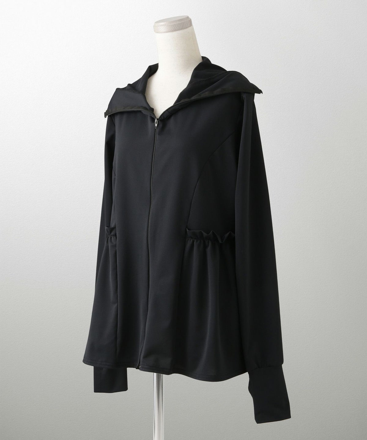 レディース 春 夏 吸水速乾 薄手 オフィス レジャー パーカー ホワイト/ブラック/M/ハイネック/ペプラム/指穴/長袖