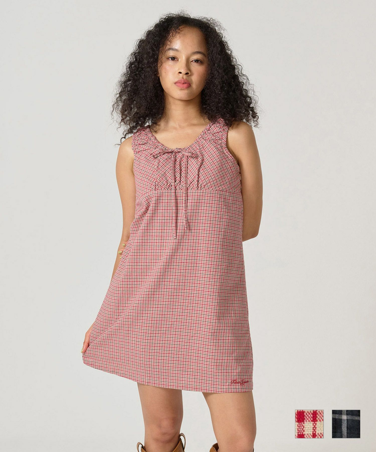 チェック柄 ノースリーブギャザーワンピース TINA：JOJUN 全2色
