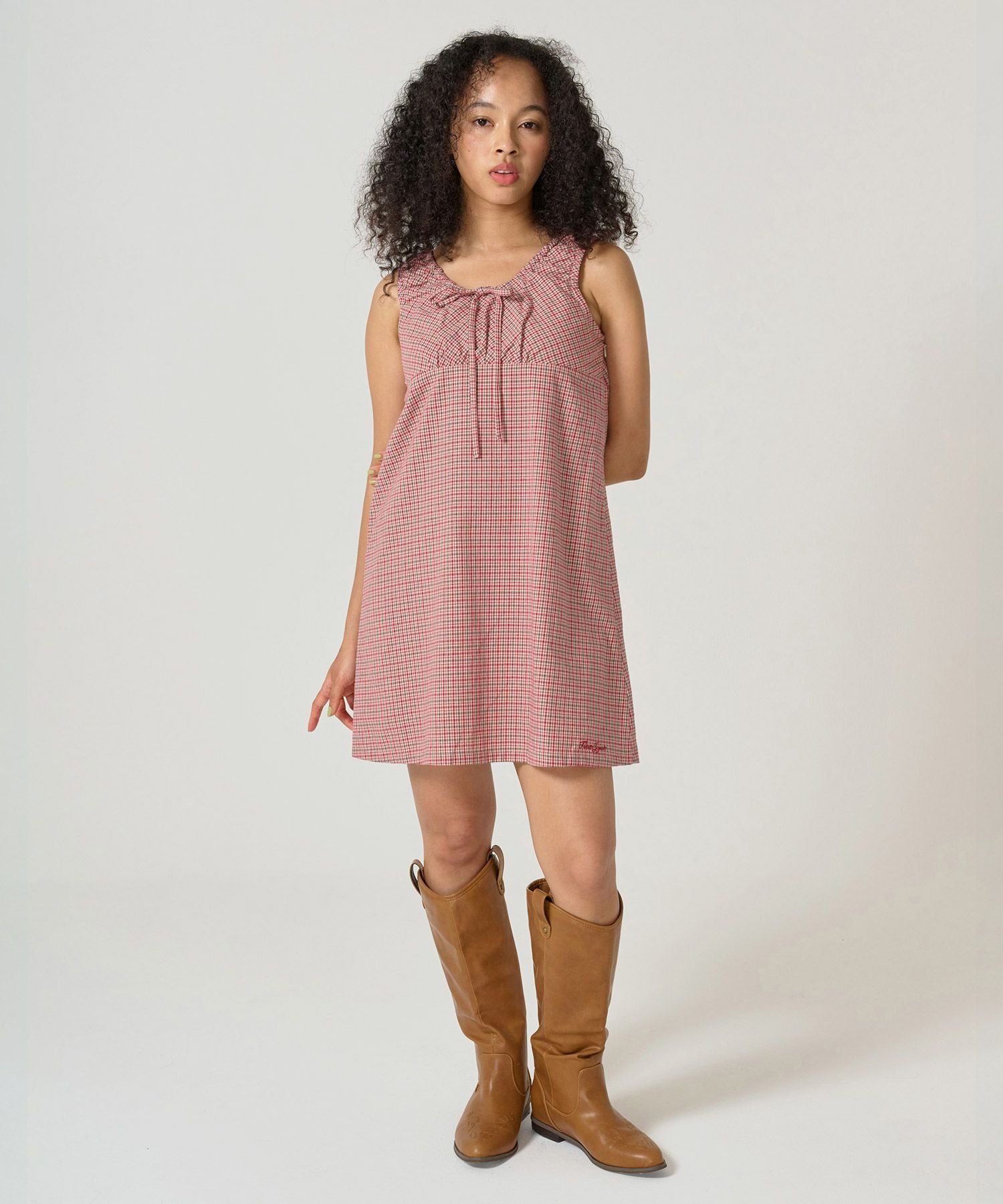 チェック柄 ノースリーブギャザーワンピース TINA：JOJUN 全2色