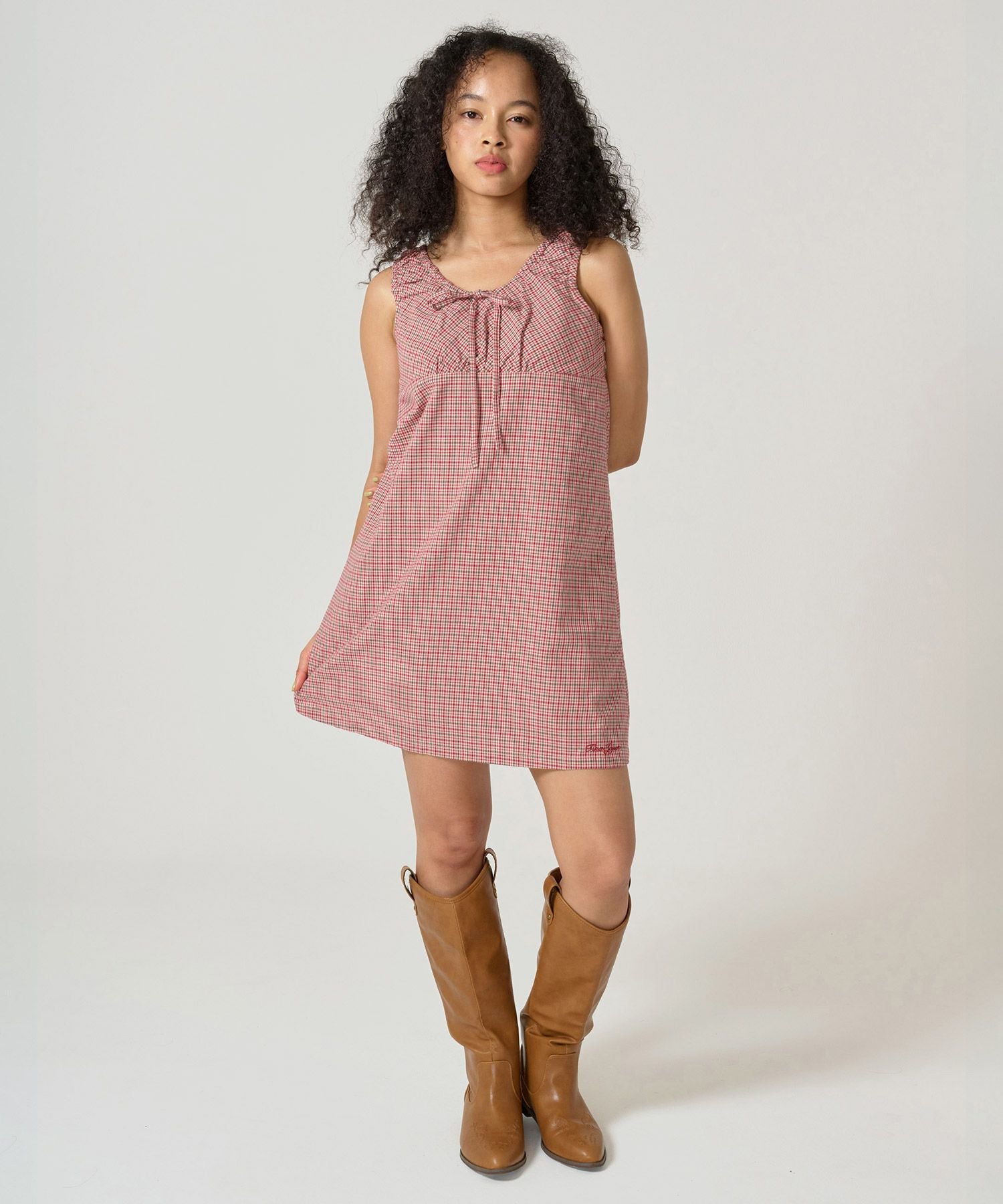 チェック柄 ノースリーブギャザーワンピース TINA：JOJUN 全2色