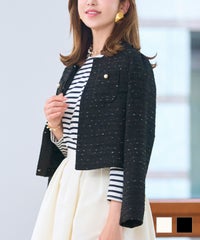 ジャケット ツイード ショート レディース ノーカラー 白黒 春 かわいい 長袖 オフィス きれいめ ジョイントスペース ツイード ボレロ ジャケット Prima Scherrer