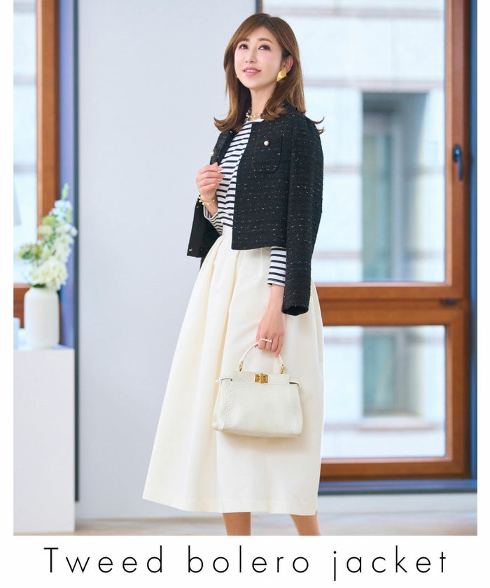 ジャケットツイードショートレディースノーカラー白黒春かわいい長袖オフィスきれいめジョイントスペース