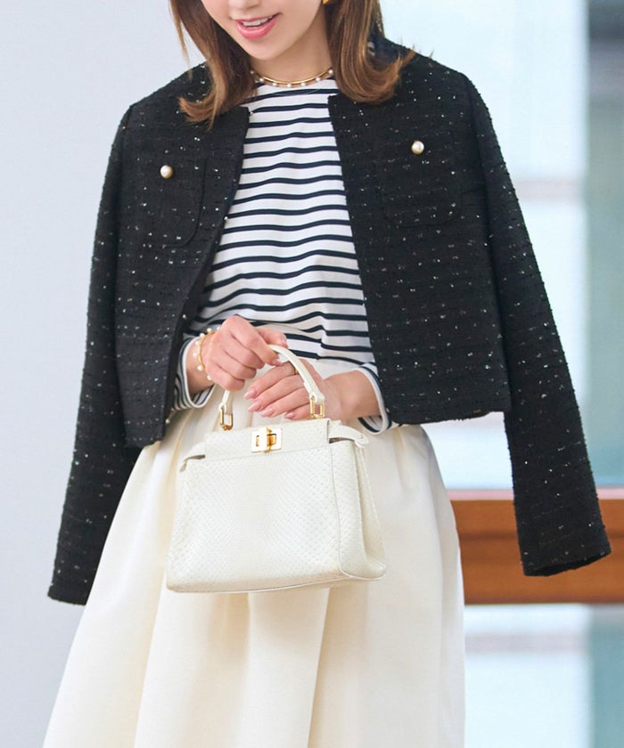 ジャケットツイードショートレディースノーカラー白黒春かわいい長袖オフィスきれいめジョイントスペース