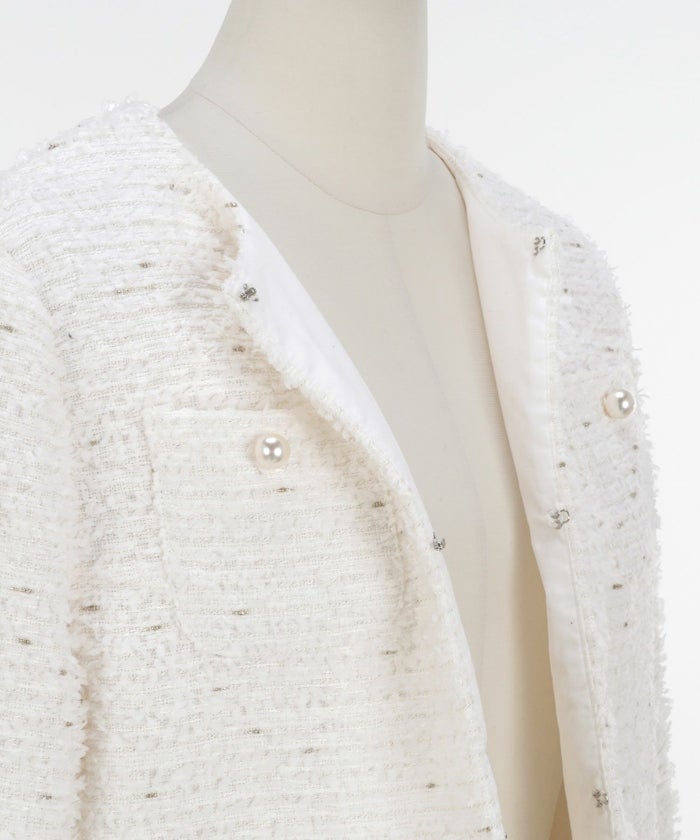 ジャケットツイードショートレディースノーカラー白黒春かわいい長袖オフィスきれいめジョイントスペース