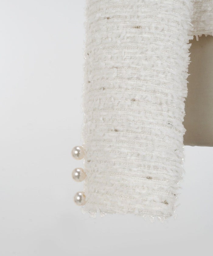 ジャケットツイードショートレディースノーカラー白黒春かわいい長袖オフィスきれいめジョイントスペース