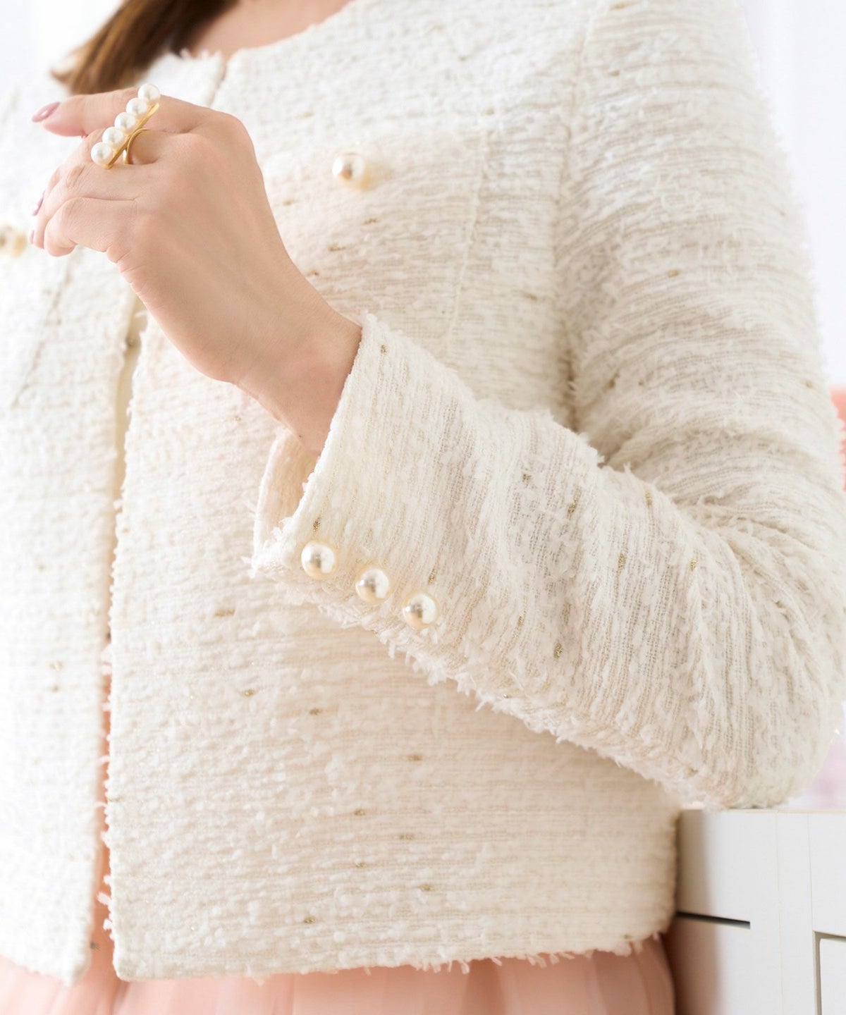 ジャケットツイードショートレディースノーカラー白黒春かわいい長袖オフィスきれいめジョイントスペース