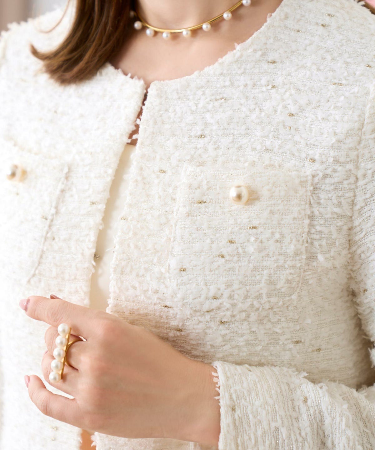 ジャケットツイードショートレディースノーカラー白黒春かわいい長袖オフィスきれいめジョイントスペース